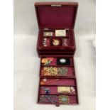 A Victorian jewellery case covered in red leather with draw portioned interior, A/F, a collection of