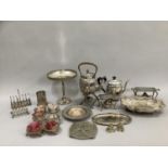 A quantity of silver plate on copper comprising tazza with pierced rime on foot, spirit kettle on