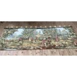 Reproduction tapestry depicting continental hunting scene with hounds together with hanging poles