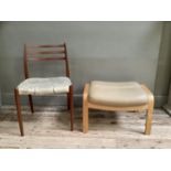 A mid century teak ladder back chair upholstered in floral fabric together with mid century stool