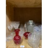 Quantity of glass to include cranberry ewer, trifle dishes, cut glass fruit bowl etc