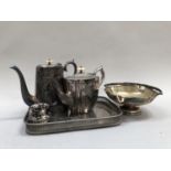 Silver plated tray with pierced gallery and gadroon rim, etched to centre, coffee pot with ornate