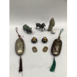 Eastern bronze figure of a horse and cow, etched Japanese cases, Japanese mon coins, ebonised salt