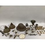 Quantity of Vintage Bakelite and glass light fittings together with metal helmet, wall bracket, door