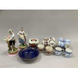 Six Royal Worcester blue chinoiserie printed coffee cans and five saucers, sugar bowl, six English