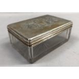 A Victorian cut glass silver topped dressing table pin jar, of rectangular outline foliate scroll