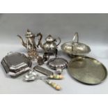 A collection of silver plated ware including two handled silver plated entrée dish and cover by