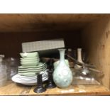 Quantity of ceramics and glass comprising pale green crackle glazed square dishes, four small pickle