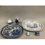 An early 19th century pearlware meat plate decorated with typical Chinoiserie scene, bordered with