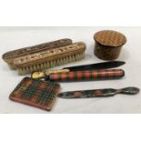 Tartan ware pencil case with stopper, Tartan ware Burns song book and a Tartan ware bookmark, a pair