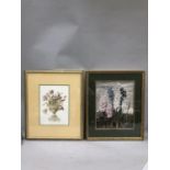 A colour print of hyacinth in bloom together with another botanical prints of tulips held in an urn,