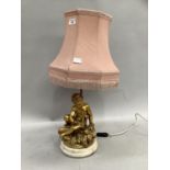 A table lamp with the base modelled as a gilded cherub on circular base with shade, overall height