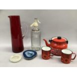 Mid 20th century items including a Finei Finland red enamel tea pot and pair of red enamel mugs, a