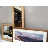Two rectangular wall mirrors and a photographic print by Colin Prior of Ben Lomond