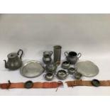 Quantity of pewter items comprising teapot with ornate foliate handle and melon finial, small
