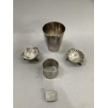 A pair of silver plated salts in the form of a scallop shell on dolphin feet, a small pill box