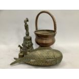 Brass engraved lidded fish, two brass bells the finials modelled as birds, large crude bronze bell
