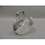 A 800 silver and cut glass 'swan' bon bon dish, the head and neck embossed with swan down, the