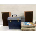 A pair of Rank Domus speakers cased in teak together with two cases of vinyl, mostly calypso and
