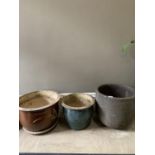 Three plant pots, one salt glazed with bamboo pattern, one with blue glaze