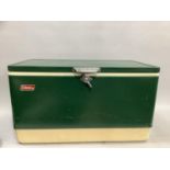 Vintage Coleman green and cream cool box with contents of picnic items