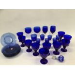 Quantity of blue glassware comprising ten Bistrol blue style wine glasses with knops, eight Norsk