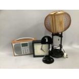 A Pure Evoque digital radio together with clock on stand, another wall clock in black wood frame,