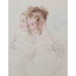 ENGLISH MID 19TH CENTURY, Head and shoulder portrait of two young ladies, in profile, wearing off