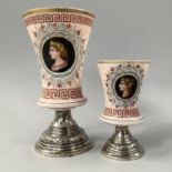A 19TH CENTURY DUTCH OPALINE AND WHITE METAL GOBLET AND ANOTHER SMALLER, each painted with a