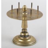 A 19TH CENTURY BRASS BOBBIN HOLDER engraved 'ED 1871' with acorn finial, hexagonal and knopped