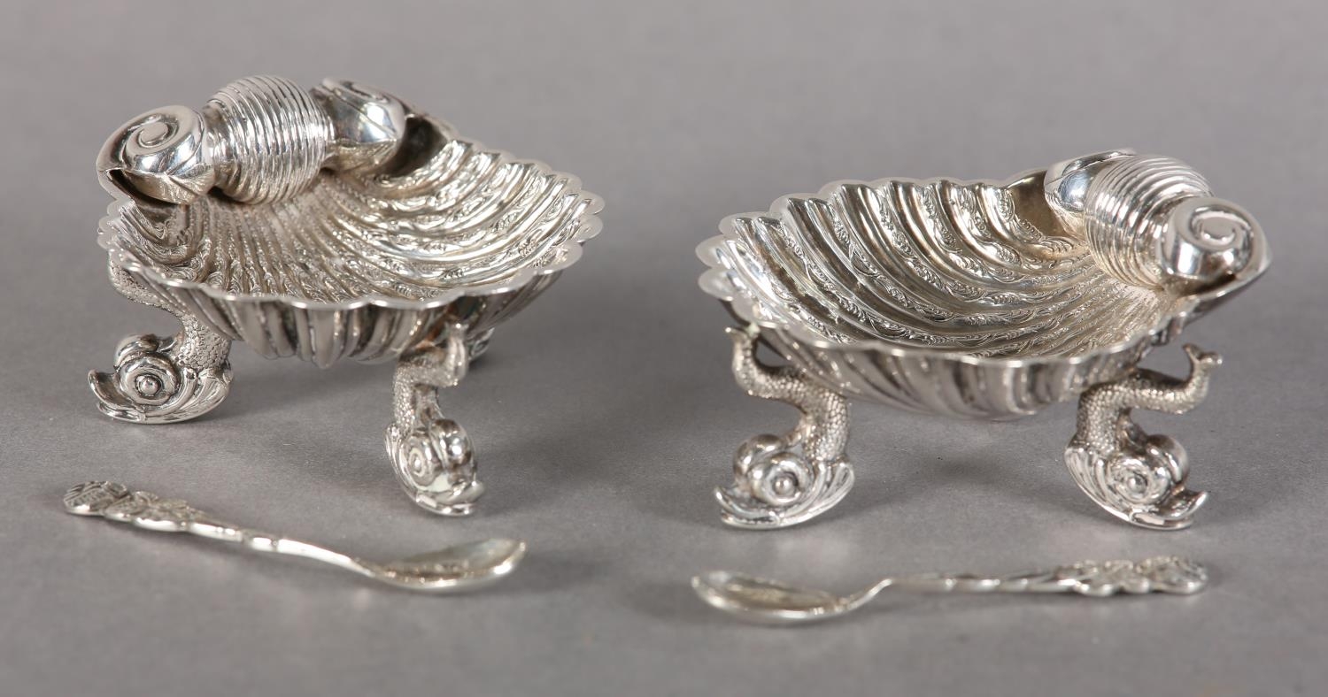 A PAIR OF VICTORIAN SILVER SCALLOP SHELL SALTS, each scroll chased on three dolphin feet, hallmarked - Image 2 of 5