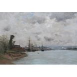CHARLES LAPOSTELET FRENCH (1824-1890) 'A Distant View of Rouen from the River' with masted sailing