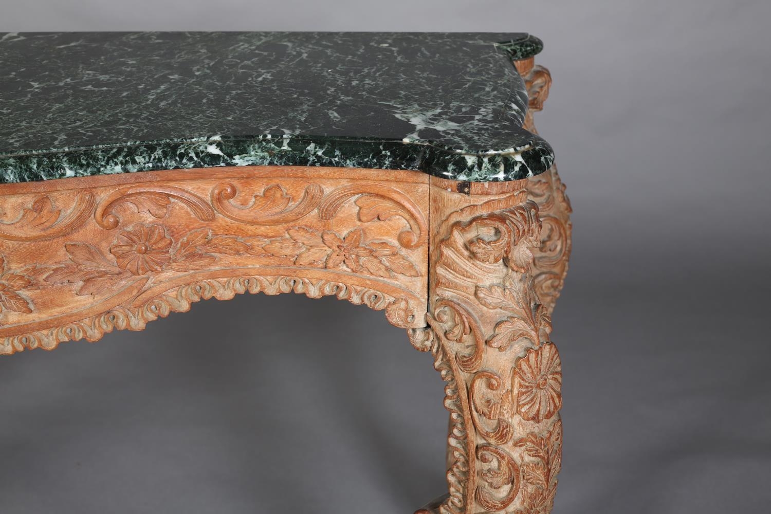 A 19TH CENTURY CARVED PINE AND GREEN MARBLE CONSOLE TABLE, of serpentine outline and apron, all over - Image 5 of 7