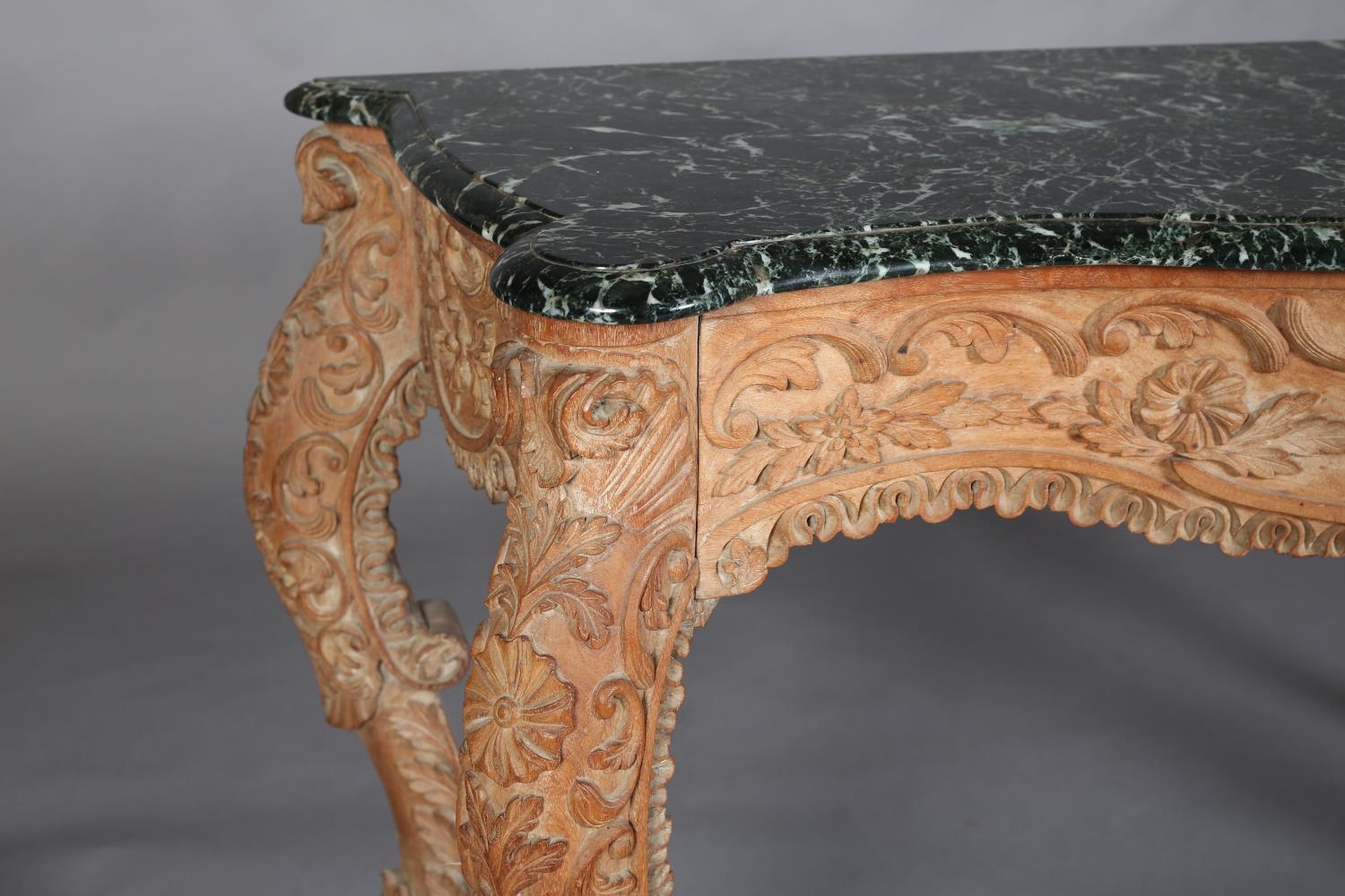 A 19TH CENTURY CARVED PINE AND GREEN MARBLE CONSOLE TABLE, of serpentine outline and apron, all over - Image 2 of 7
