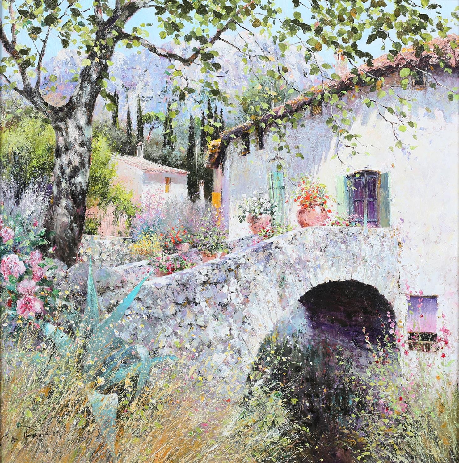 ARR JOHN DONALDSON (D 1945), Les Ramparts - the edge of the village of St Guilhem-le-Desert, oil