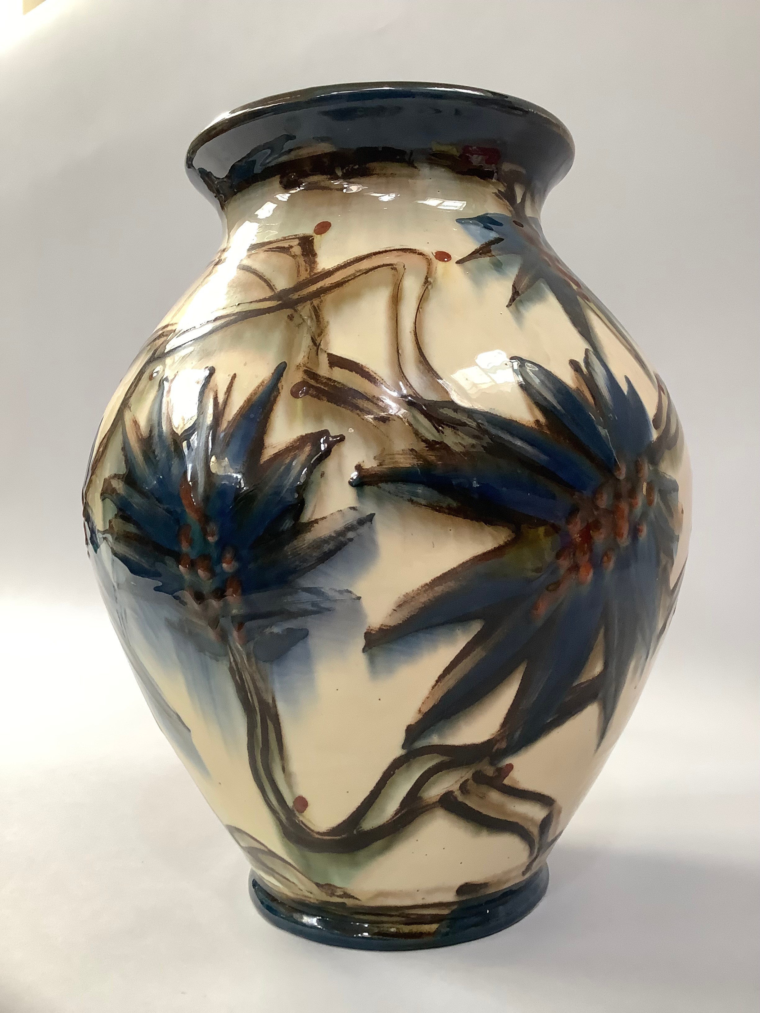 A LATE 19TH DANISH ART POTTERY VASE by Herman Kahler, the ovoid white slip body painted with bold - Image 2 of 5