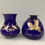 A CONTINENTAL COBALT BLUE AND GILT VASE, the baluster body etched and gilt with a band of entwined