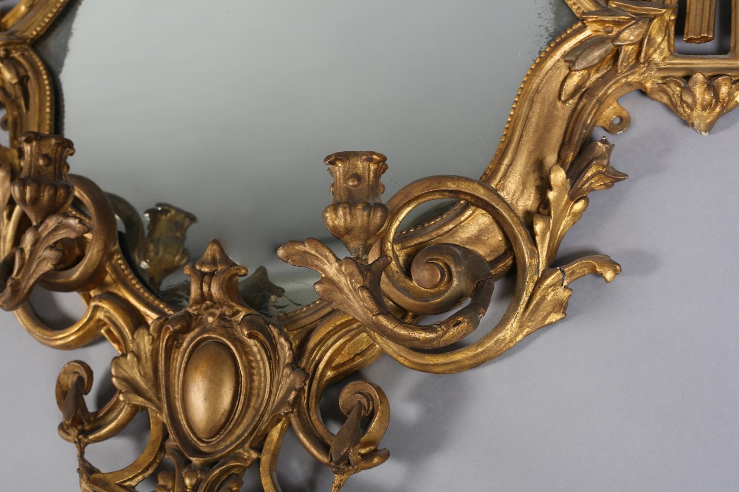 A PAIR OF 19TH CENTURY GILTWOOD AND GESSO GIRANDOLES, with twin candle sconces, the shield shape - Image 7 of 7