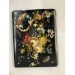 19TH CENTURY PAPIER MACHE LACQUERED BLOTTER painted with flowers, insects, bird's nest with gilt