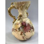 A ROYAL WORCESTER BLUSH IVORY EWER with scalloped rim, branch moulded handle and lobed body