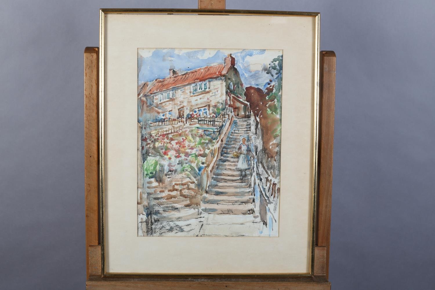 ROWLAND HENRY HILL (1873-1952), Cottage at Runswick Bay, with figure on steps, watercolour and - Image 2 of 4