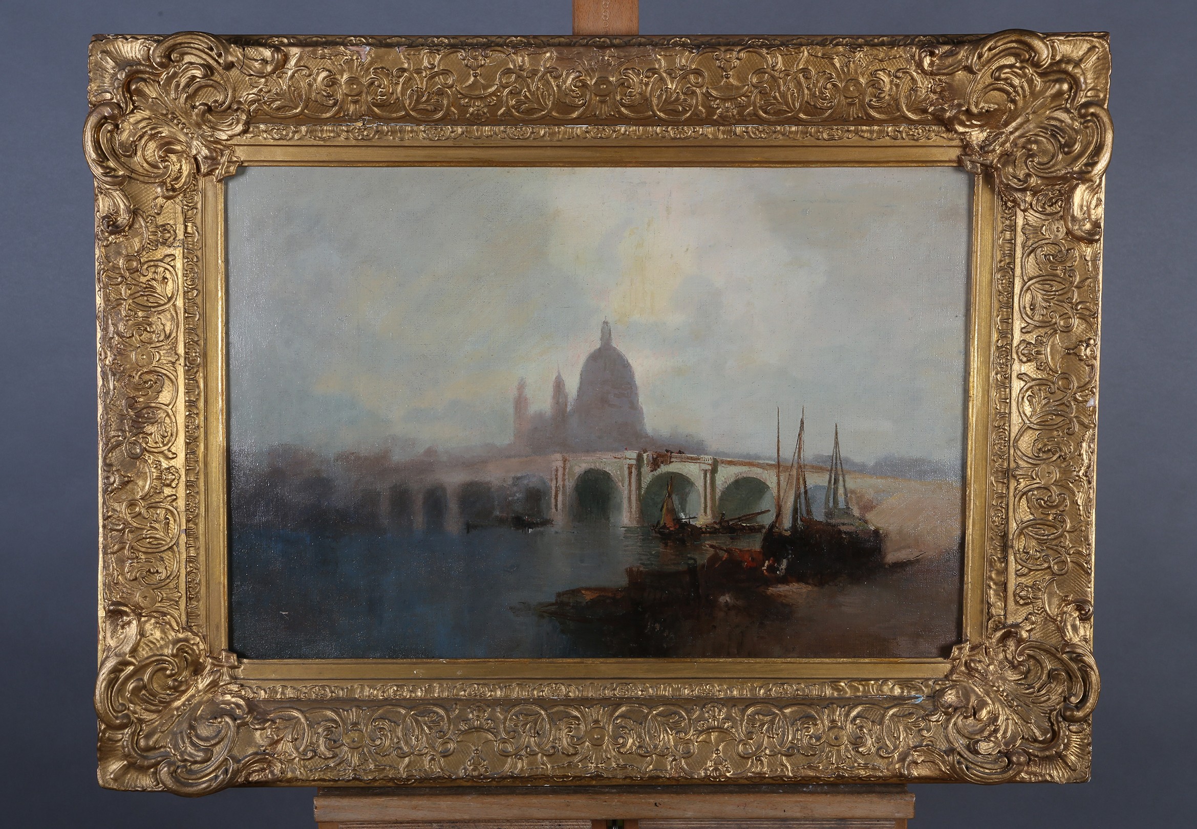 BRITISH 19TH CENTURY, St Paul's from the Thames, boats and figures along the riverbank, oil on - Image 2 of 5