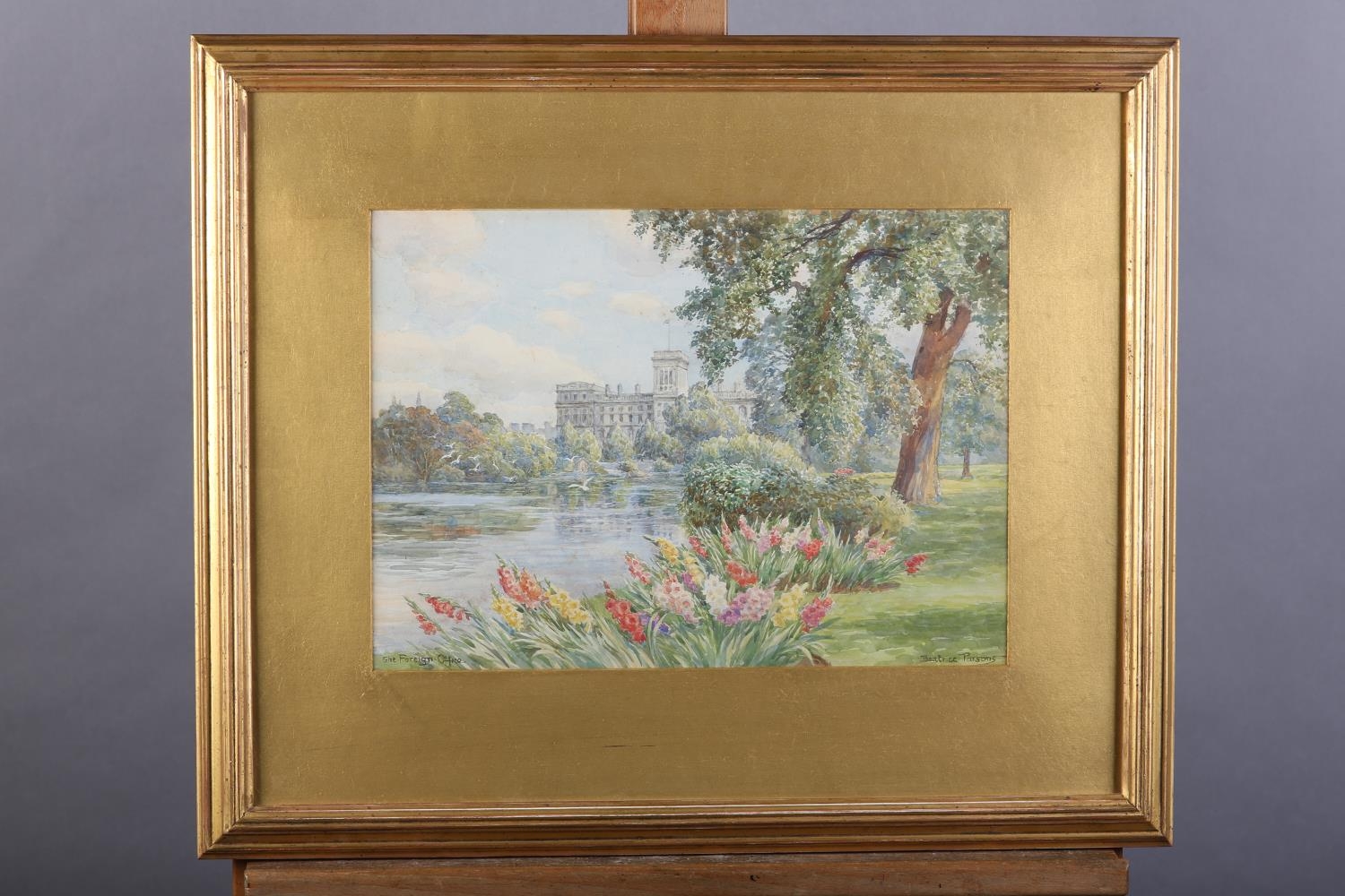 ARR BEATRICE PARSONS RA (1870-1955), 'The Foreign Office', St James's Park with iris, watercolour, - Image 2 of 5