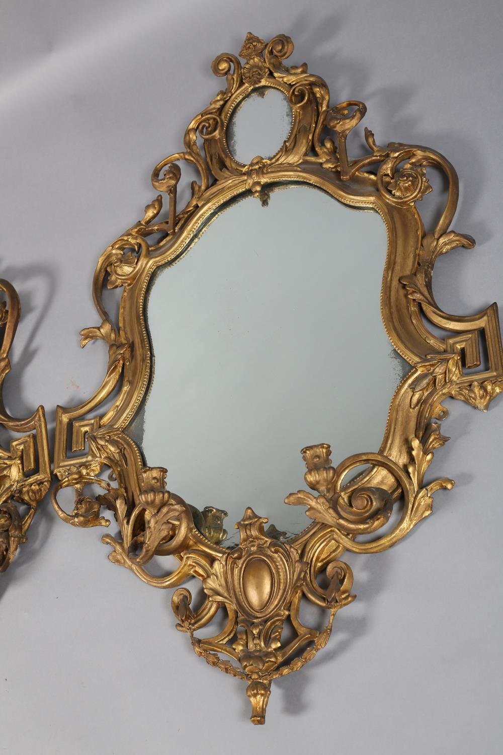 A PAIR OF 19TH CENTURY GILTWOOD AND GESSO GIRANDOLES, with twin candle sconces, the shield shape - Image 3 of 7