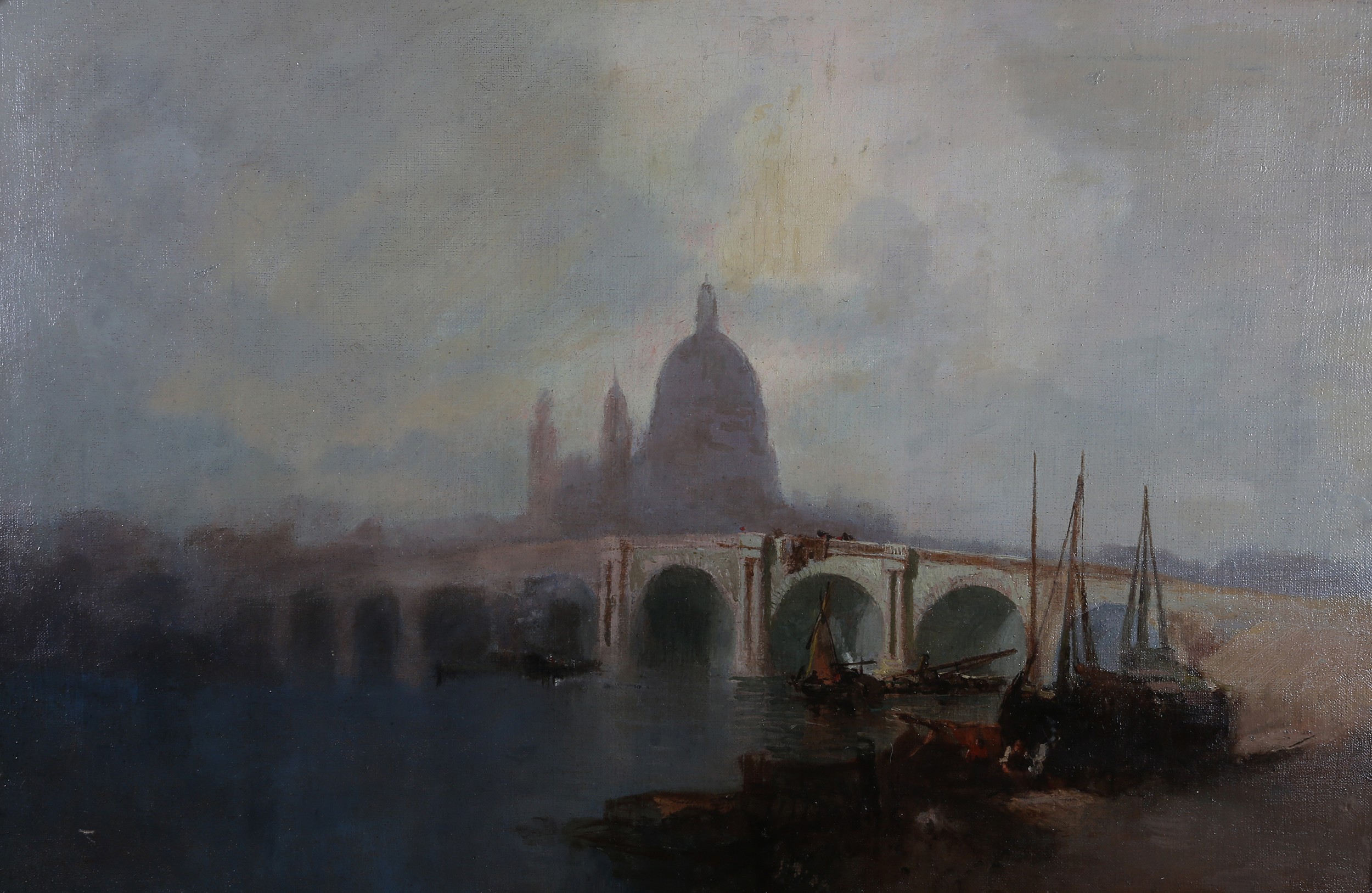 BRITISH 19TH CENTURY, St Paul's from the Thames, boats and figures along the riverbank, oil on