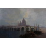 BRITISH 19TH CENTURY, St Paul's from the Thames, boats and figures along the riverbank, oil on