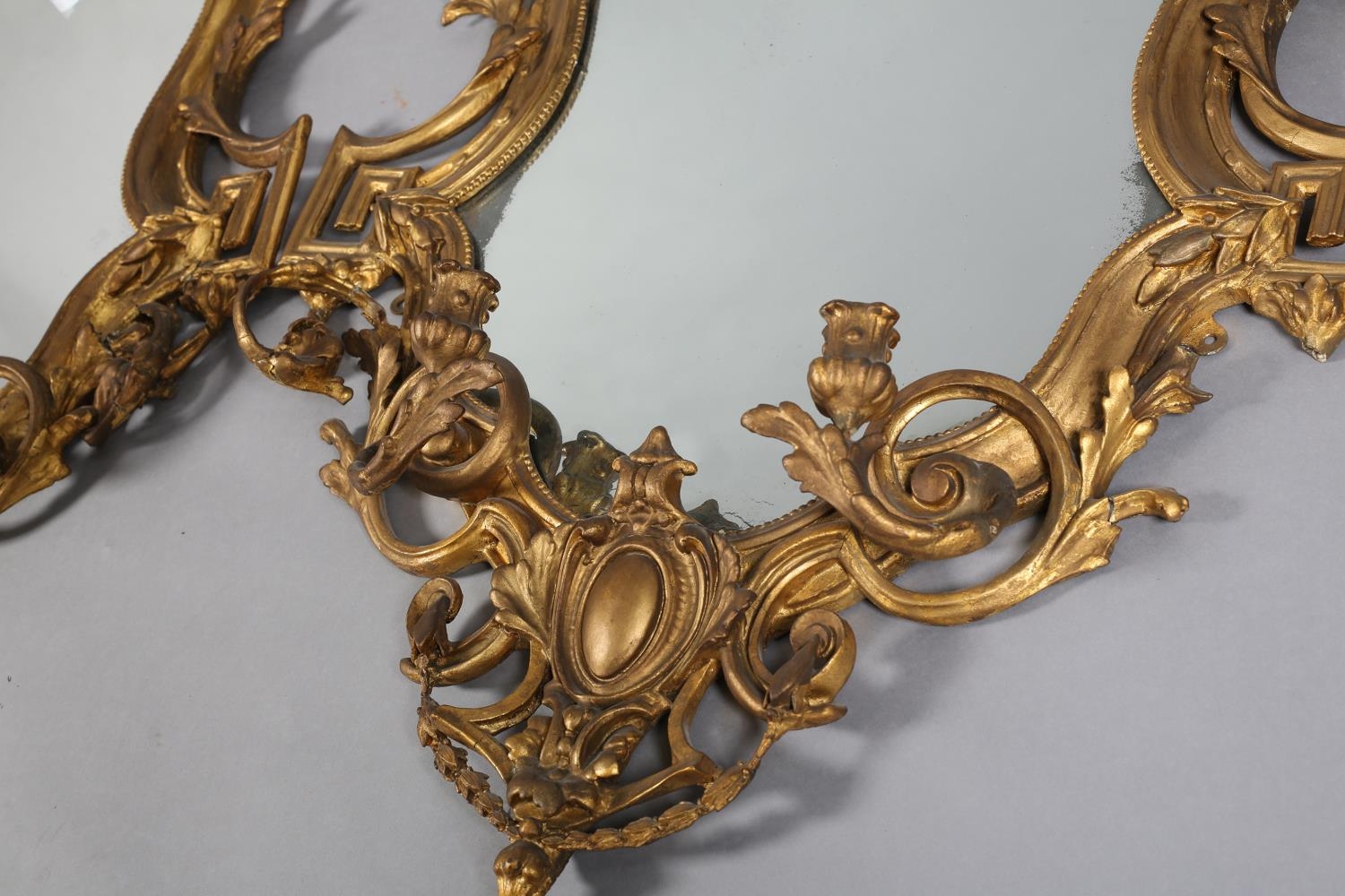 A PAIR OF 19TH CENTURY GILTWOOD AND GESSO GIRANDOLES, with twin candle sconces, the shield shape - Image 2 of 7