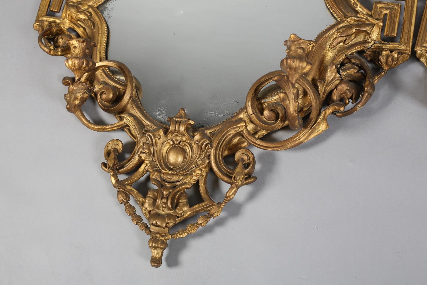 A PAIR OF 19TH CENTURY GILTWOOD AND GESSO GIRANDOLES, with twin candle sconces, the shield shape - Image 4 of 7