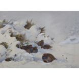 ARR PHILIP RICKMAN (1891-1982), Sheltering Partridges in snow covered undergrowth, watercolour and