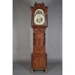 AN EARLY 19TH CENTURY MAHOGANY AND GILDED LONGCASE CLOCK, crossbanded, banded and line inlaid in